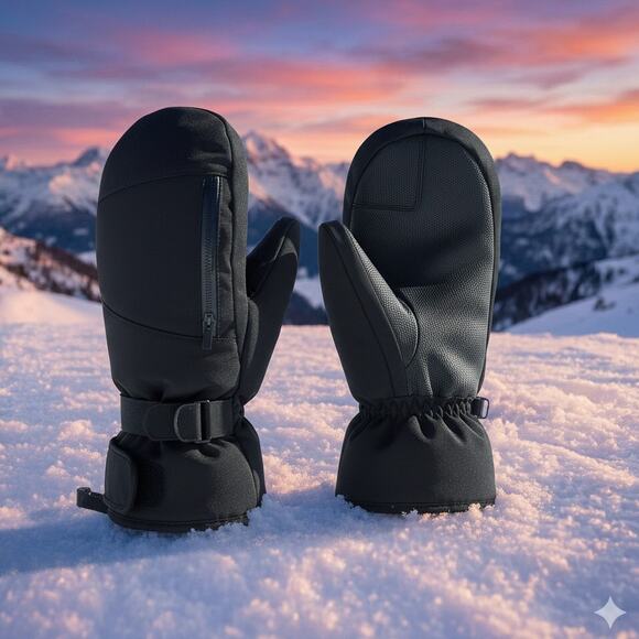 New Men’s Ski Mittens Size Large – Black Zipper Heat Pocket Insulated Warm - Picture 1 of 5